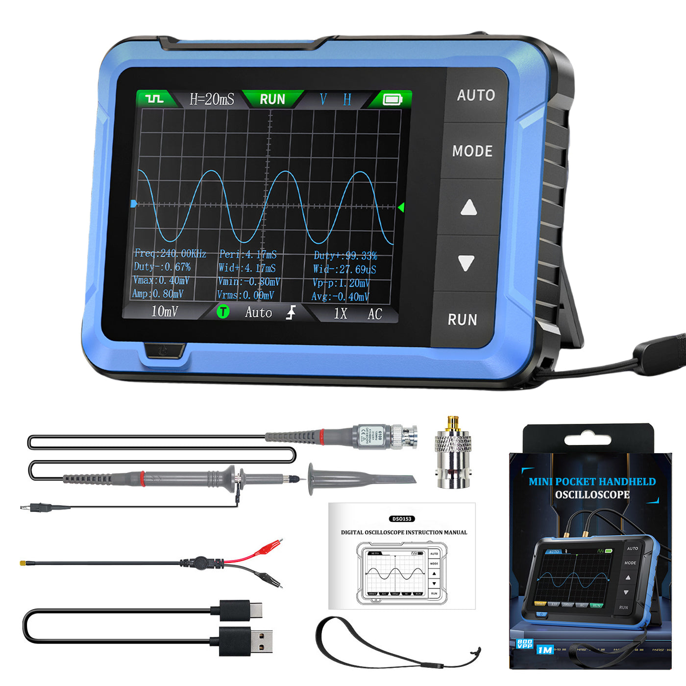 Oscilloscopio intelligente 2-in-1 Treedix DSO510, oscilloscopio da 2,8 pollici e generatore di segnale DDS, larghezza di banda 10 MHz, frequenza di campionamento 48 MS/s, oscilloscopio digitale portatile con 13 forme d'onda regolabili, 3 modalità trigger