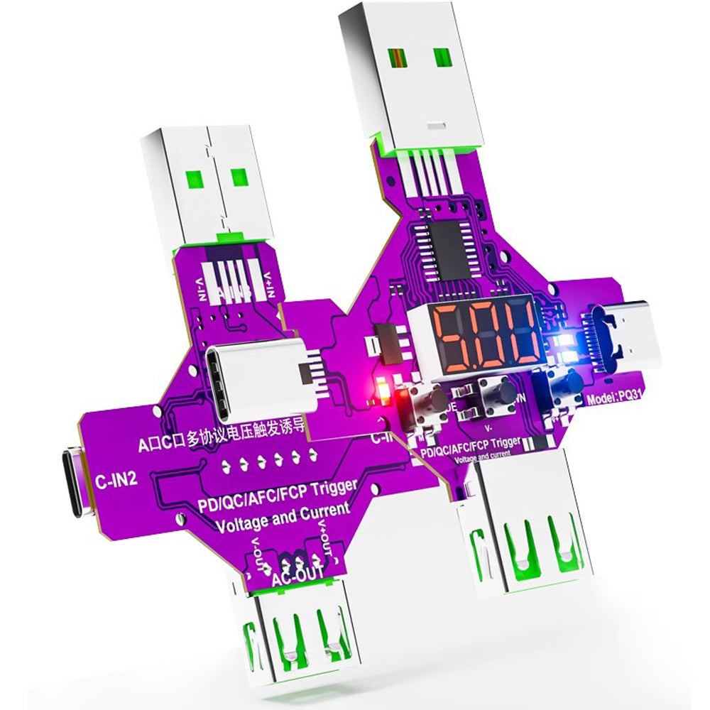 Treedix Spannungs- und Stromprüfer Multimeter PQ31 Trigger, Digitales Spannungs- und Strommessgerät, PD/QC/AFC/FCP Multiprotokoll-Spannungsmessgerät mit Schnellladeprotokoll-Trigger, 3 Anzeigemodi, inkl. USB-auf-DC5.5-Kabel