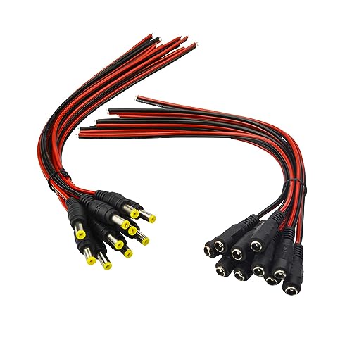 10 Pairs 12V 5A DC Male Female Power Pigtail Barrel Plug Connector Cable, 2.1mm x 5.5mm Male Female DC Pigtail Connectors for CCTV Security Camera and 12V Power Supply Adapter 30cm