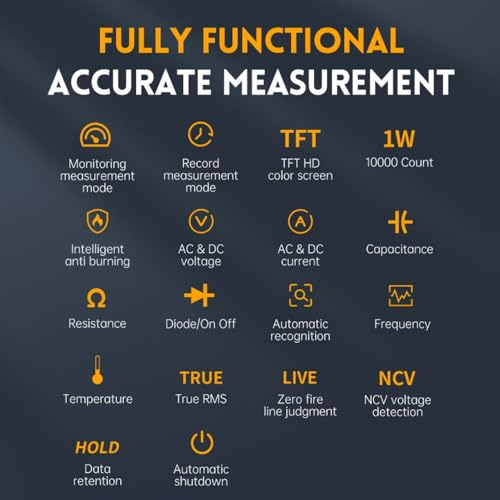 Multimètre numérique TFT 2,4 pouces, 10 000 points TRMS, testeur de tension sans contact, mesures rapides : tension, diode, résistance, température, courant, rapport cyclique, capacité, fréquence, NCV, LIVE