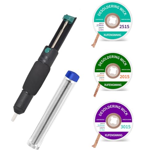 Treedix Entlötsaugpumpe und 3-teiliges Entlötlitzen-Set (2,0 mm/2,5 mm/3,0 mm Breite, 1,5 m Länge), bleifreier Lötdraht mit Flussmittelseele für Elektroarbeiten, Leiterplatten, DIY und Lötarbeiten