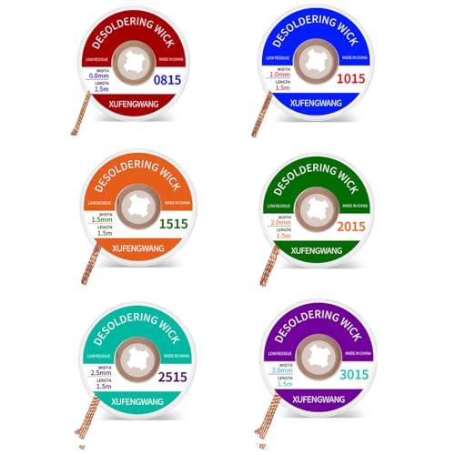 Treedix 6 piezas de malla para desoldar con fundente, 5 pies de largo, anchos de 0.8 mm, 1 mm, 1.5 mm, 2 mm, 2.5 mm, 3 mm, hilo de soldadura sin limpieza para desoldar componentes eléctricos