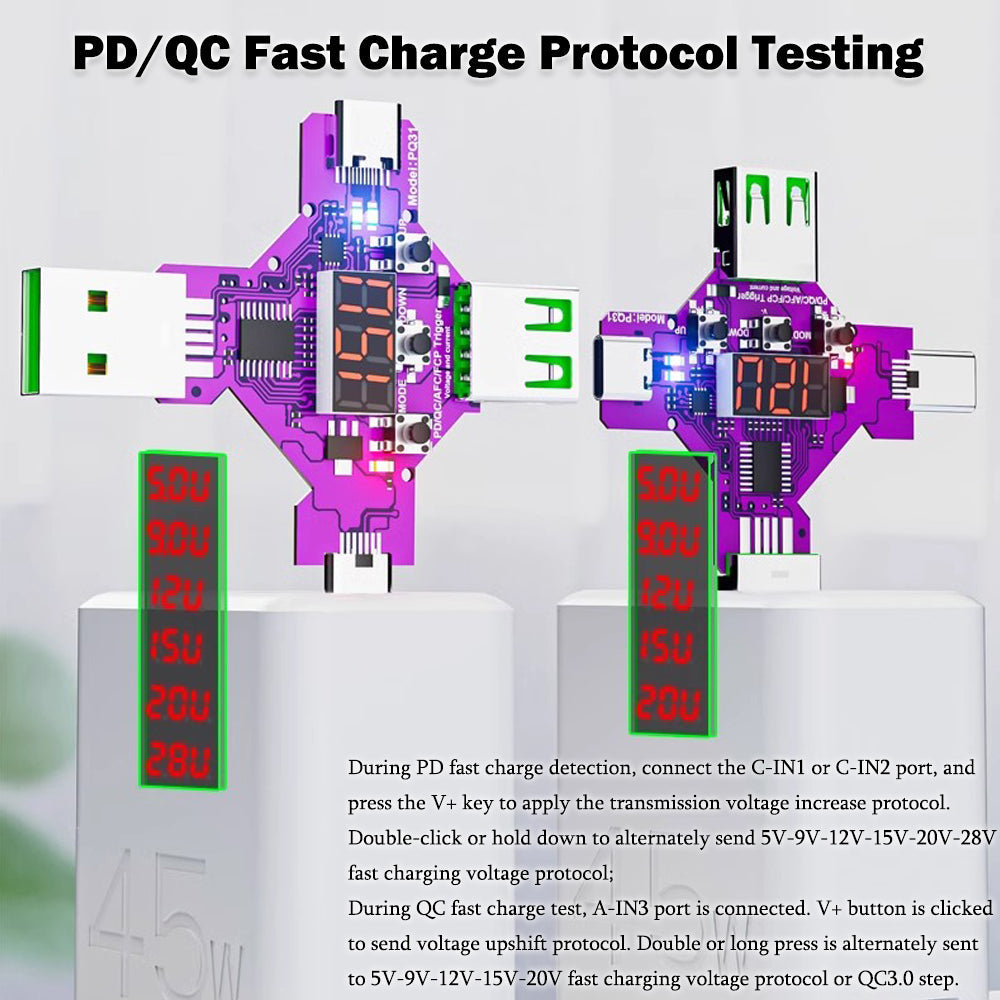 Treedix Spannungs- und Stromprüfer Multimeter PQ31 Trigger, Digitales Spannungs- und Strommessgerät, PD/QC/AFC/FCP Multiprotokoll-Spannungsmessgerät mit Schnellladeprotokoll-Trigger, 3 Anzeigemodi, inkl. USB-auf-DC5.5-Kabel