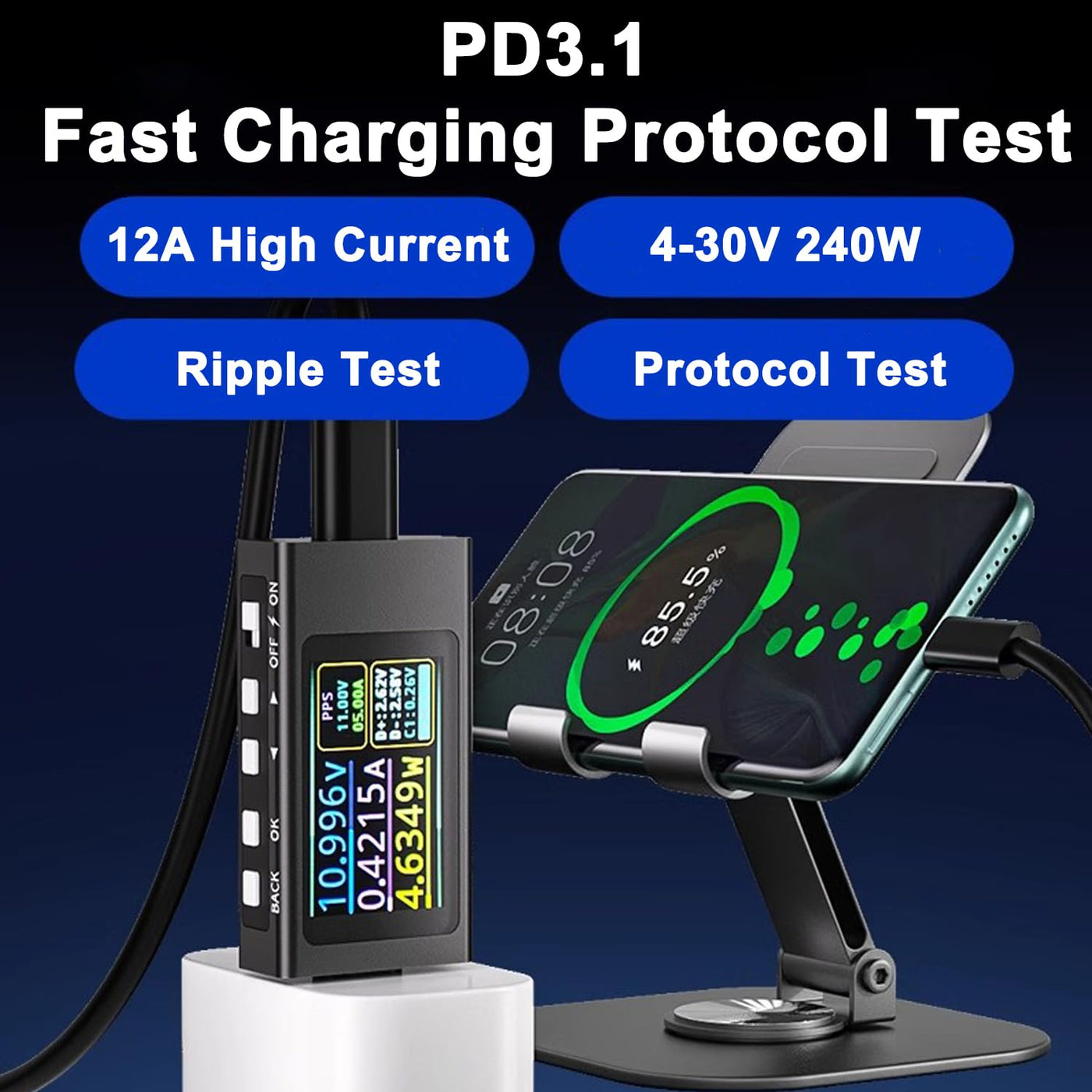 Treedix 4-30V Type-C Power Meter Tester, 12A/240W digitale multimeter voor spanning, stroom en vermogen, USB-tester met ondersteuning voor PD2.0, PD3.0, PPS, QC2.0, QC3.0, FCP, SCP, AFC, PE, Dash, VOOC, SuperVOOC