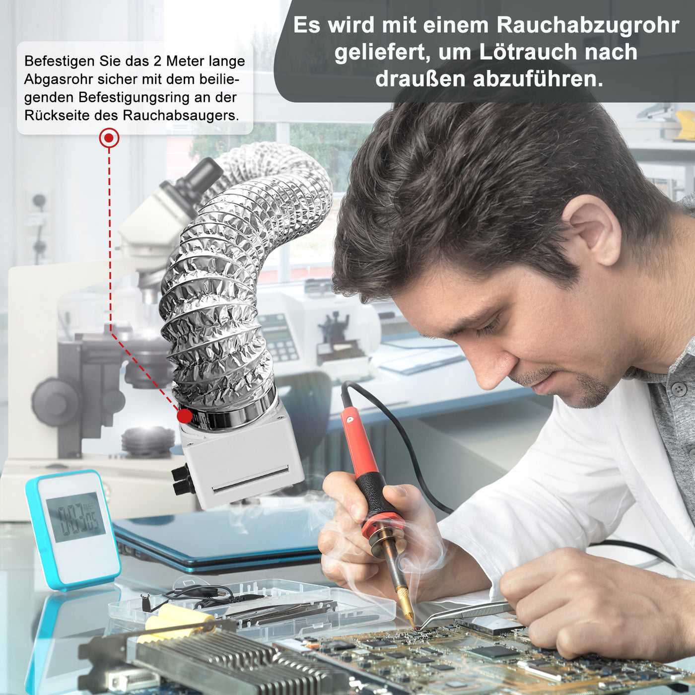 Treedix Lötrauchabsaugung, Lötrauch-Absauganlage mit einstellbarer Geschwindigkeit, dimmbarem LED-Licht, Silikon-Schwanenhals, Aktivkohlefiltern und Abluftschlauch für Lötstation (Schwarz)
