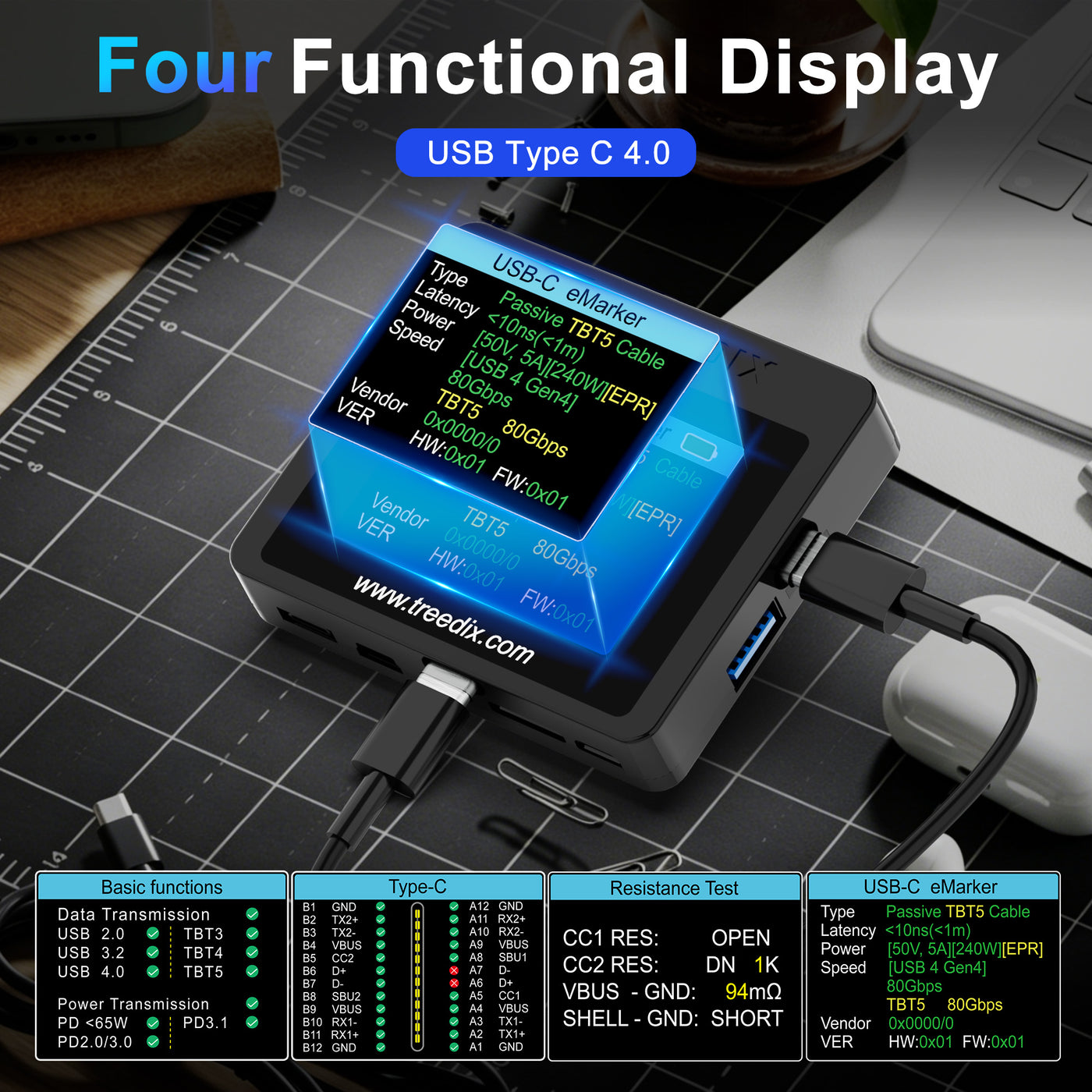 Treedix USB-Kabeltester mit 2,4"-Farbdisplay für eMarker-Auslesung, PD 3.0/3.1-Erkennung, Widerstands- und Durchgangsprüfung, kompatibel mit Lightning-, Typ-C-, Micro-B 2.0/3.0- und Mini-B-Kabeln
