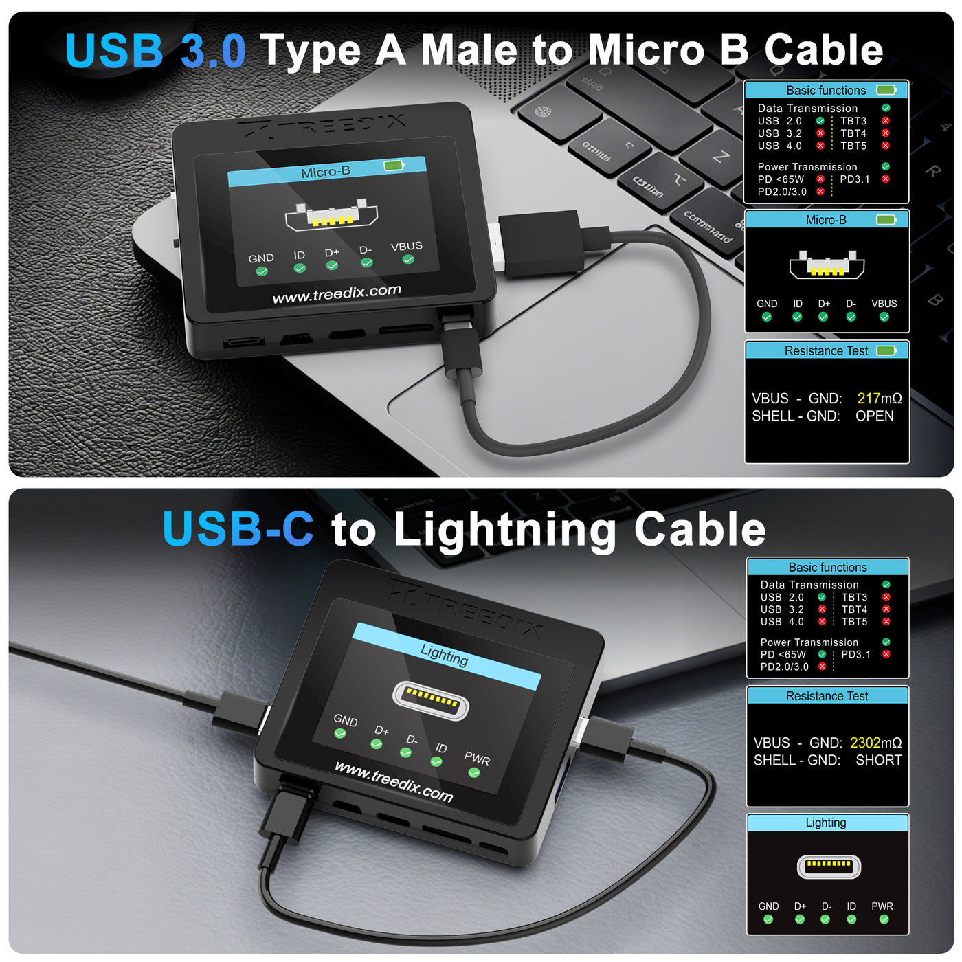 Treedix USB-Kabeltester mit 2,4"-Farbdisplay für eMarker-Auslesung, PD 3.0/3.1-Erkennung, Widerstands- und Durchgangsprüfung, kompatibel mit Lightning-, Typ-C-, Micro-B 2.0/3.0- und Mini-B-Kabeln