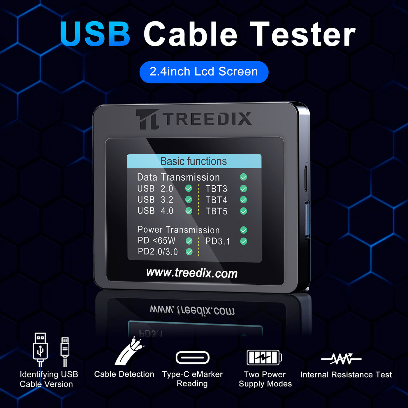 Treedix USB-Kabeltester mit 2,4"-Farbdisplay für eMarker-Auslesung, PD 3.0/3.1-Erkennung, Widerstands- und Durchgangsprüfung, kompatibel mit Lightning-, Typ-C-, Micro-B 2.0/3.0- und Mini-B-Kabeln