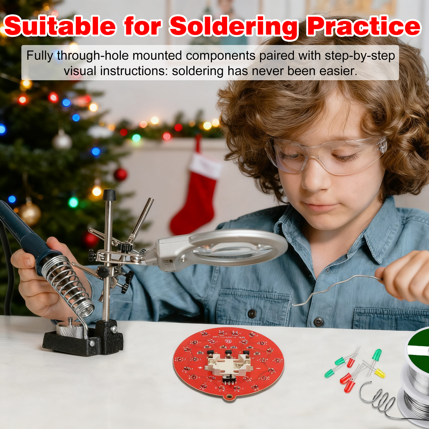 Treedix Kit d'apprentissage de la soudure 2 pièces, Noël : Arbre LED clignotant et flocon de neige à monter soi-même, kit de projet électronique amusant pour l'école et l'apprentissage à domicile