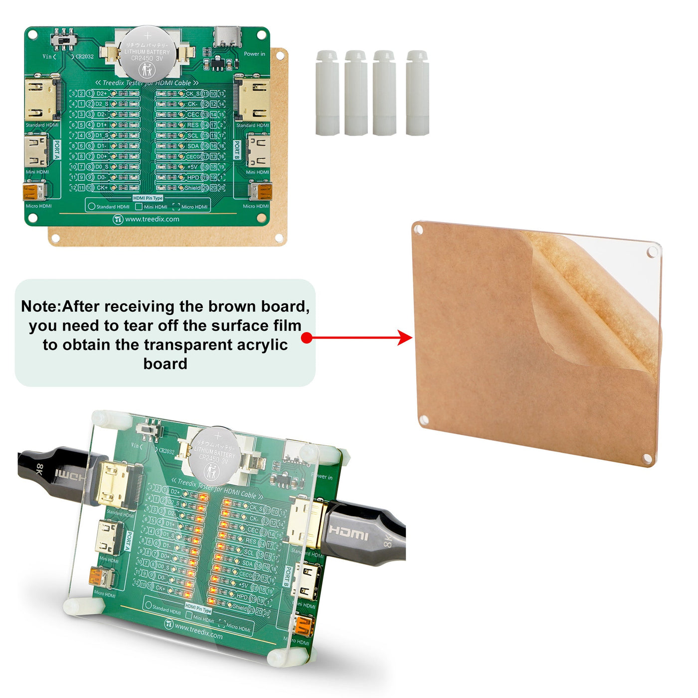 Carte de test de câble HDMI Treedix avec 20 indicateurs LED pour la détection de courts-circuits, circuits ouverts et connexions croisées, compatible HDMI standard type A, mini HDMI type C et micro HDMI type D