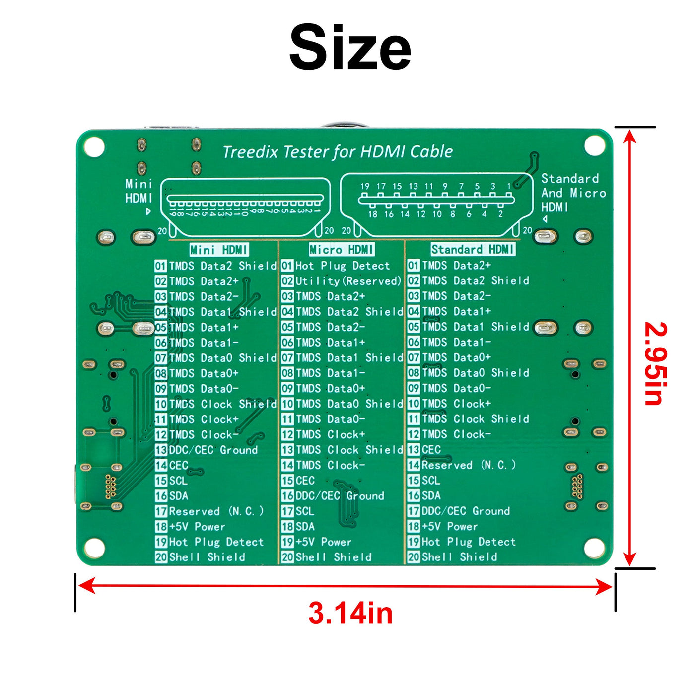 Carte de test de câble HDMI Treedix avec 20 indicateurs LED pour la détection de courts-circuits, circuits ouverts et connexions croisées, compatible HDMI standard type A, mini HDMI type C et micro HDMI type D