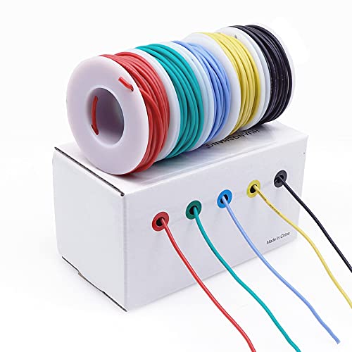 5pcs Silicone Electrical Wire Cable Hookup Wires Kit Stranded Tinned Copper Wire Flexible and Soft 5 Colors for DIY