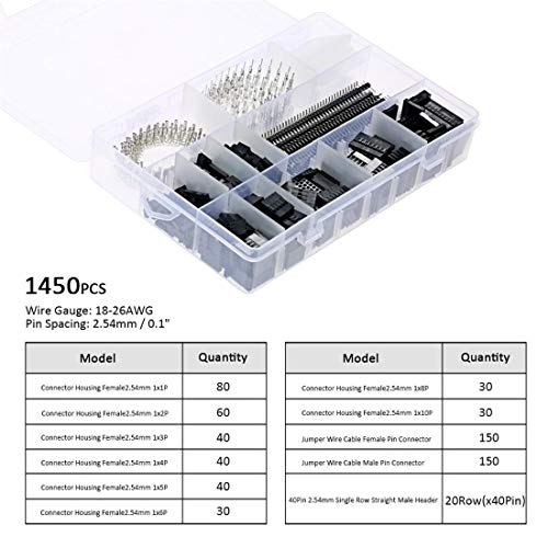 1450PCS 2.54mm PCB Jumper Wire Pin Header Connector Female Male 40Pin Box Packaging Kit Electronic Components Set Compatible with Arduino Dupont